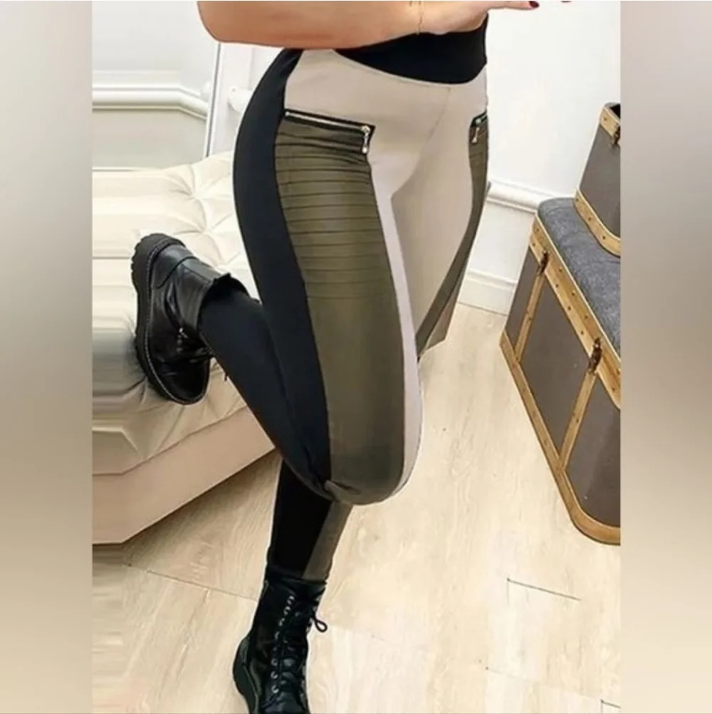 Flamingo Urban Contrast Panel Zipper Detail Faux Leather Moto Pants SzL - Picture 13 of 16